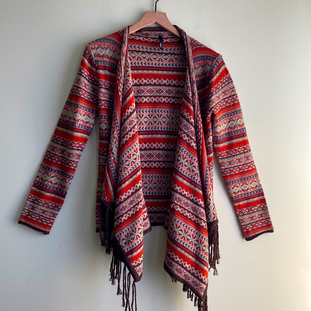 Elan Southwestern Fringe Open Front Waterfall Cardigan